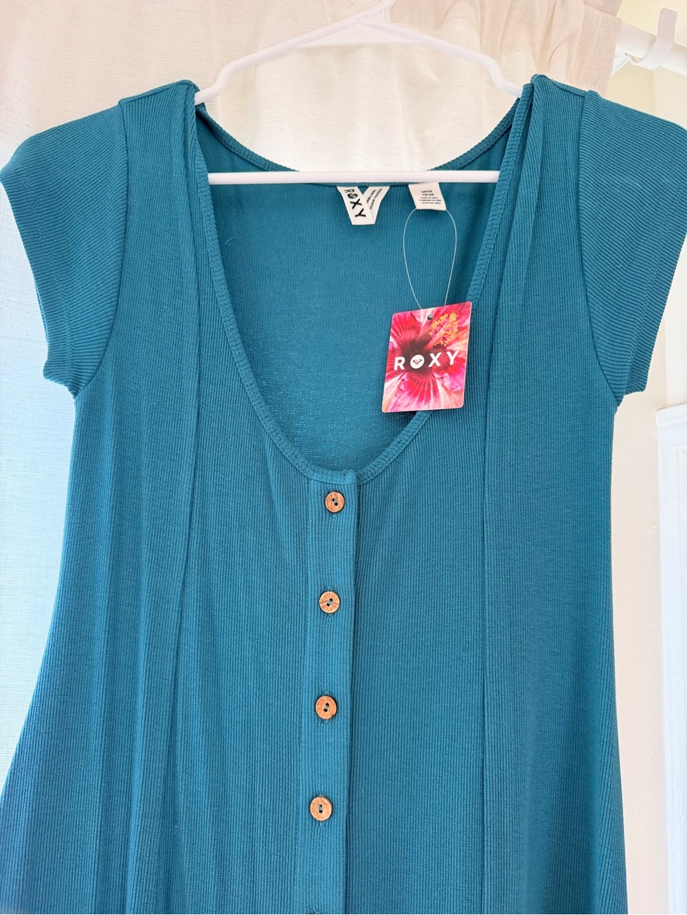 Roxy Teal Ribbed Short-Sleeve Button-Front Top